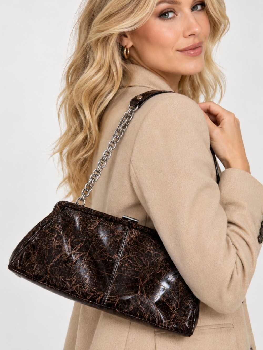 Patent  Brown women's Clutch/Shoulder bag